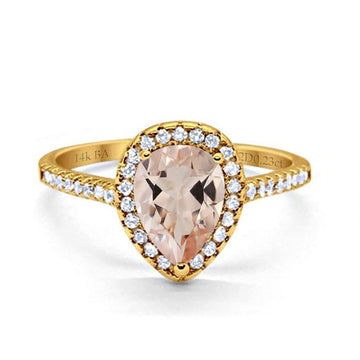 14K Yellow Gold 1.48ct Teardrop Pear 8mmx6mm G SI Natural Morganite Diamond Engagement Wedding Ring Size 6.5